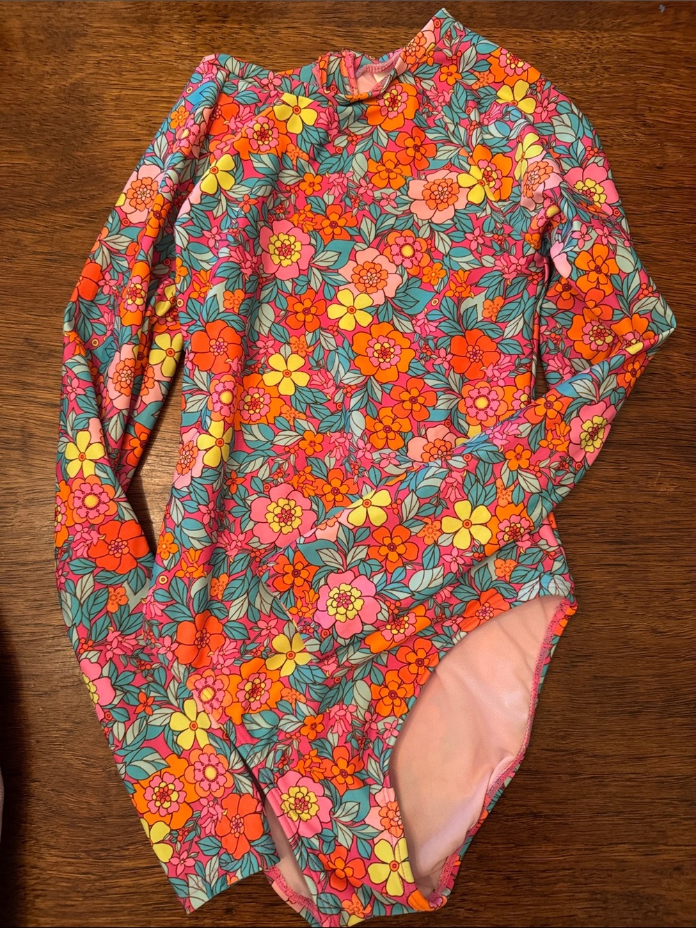 Girls' Floral Long-Sleeve One-Piece Swimsuit – Pink & Orange Floral